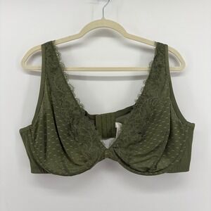 Cacique‎ Unlined Plunge Bra Olive Green Womens 44DD Lace Trim Honeycomb Mesh
